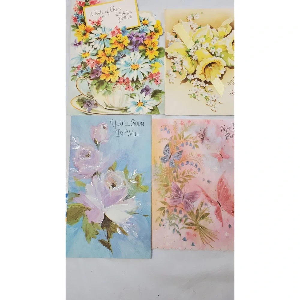 6 Old Vintage Used Get Well‎ Greeting Card Fronts Crafts Flowers Clock Bluebird